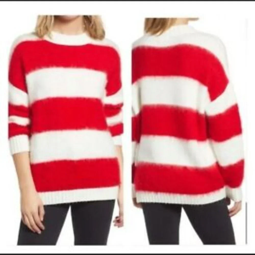 BP Oversize Brushed Pullover Red Ivory Striped XS